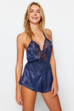 Navy Blue Satin Lace Detailed Fantasy Nightgown - Lebbse