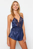 Navy Blue Satin Lace Detailed Fantasy Nightgown - Lebbse