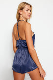 Navy Blue Satin Lace Detailed Fantasy Nightgown - Lebbse