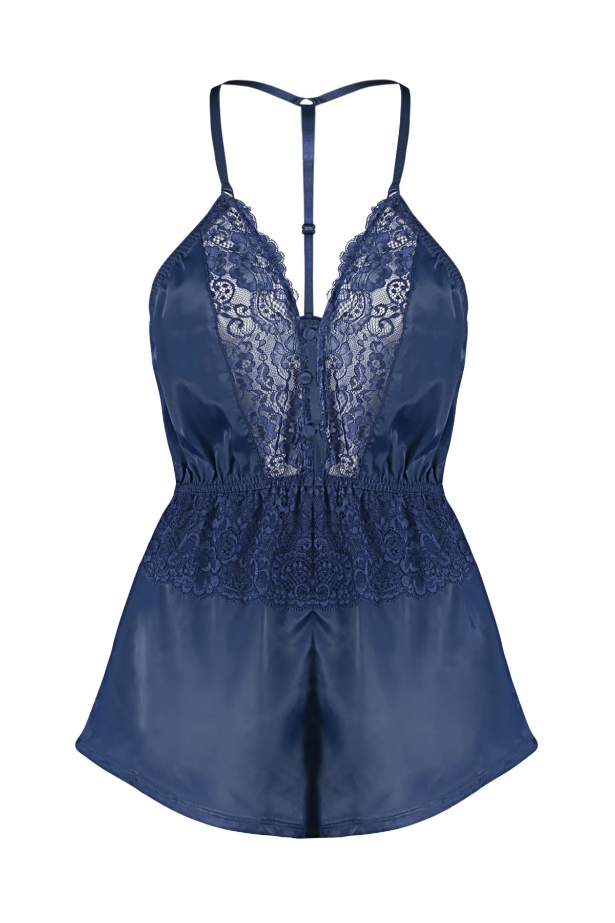 Navy Blue Satin Lace Detailed Fantasy Nightgown – Lebbse