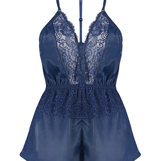 Navy Blue Satin Lace Detailed Fantasy Nightgown - Lebbse