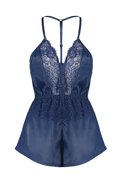 Navy Blue Satin Lace Detailed Fantasy Nightgown - Lebbse
