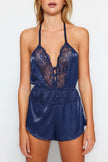 Navy Blue Satin Lace Detailed Fantasy Nightgown - Lebbse