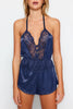 Navy Blue Satin Lace Detailed Fantasy Nightgown - Lebbse