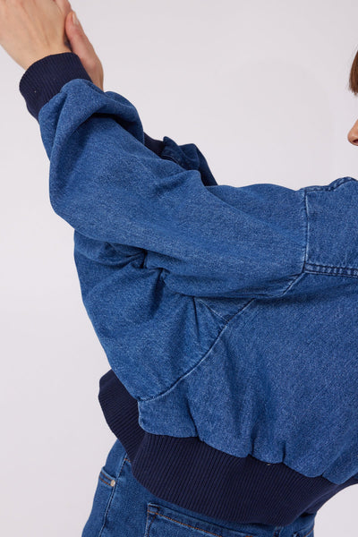 Navy Blue Sleeves Gipe Detailed Double Color Bomber Denim Jacket - Lebbse