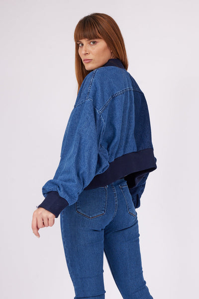 Navy Blue Sleeves Gipe Detailed Double Color Bomber Denim Jacket - Lebbse