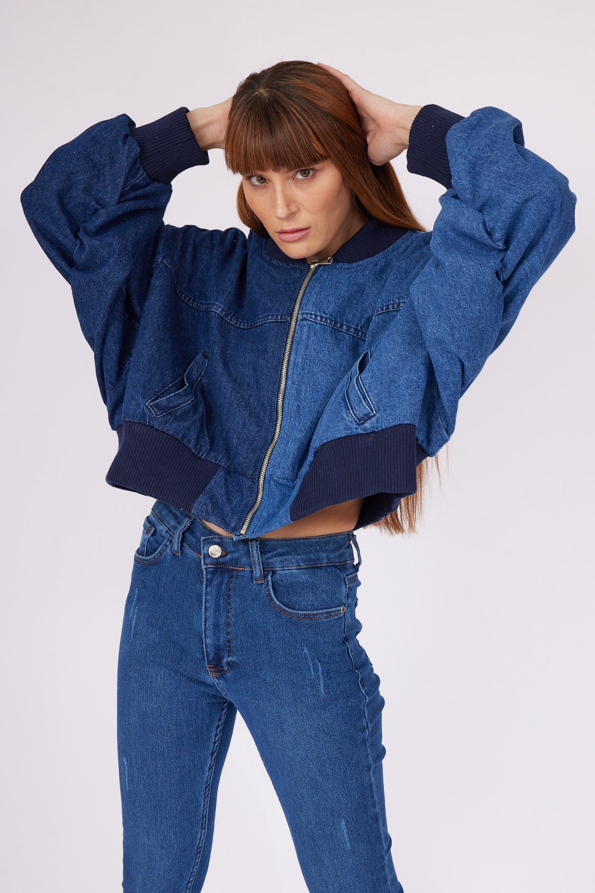 Navy Blue Sleeves Gipe Detailed Double Color Bomber Denim Jacket - Lebbse