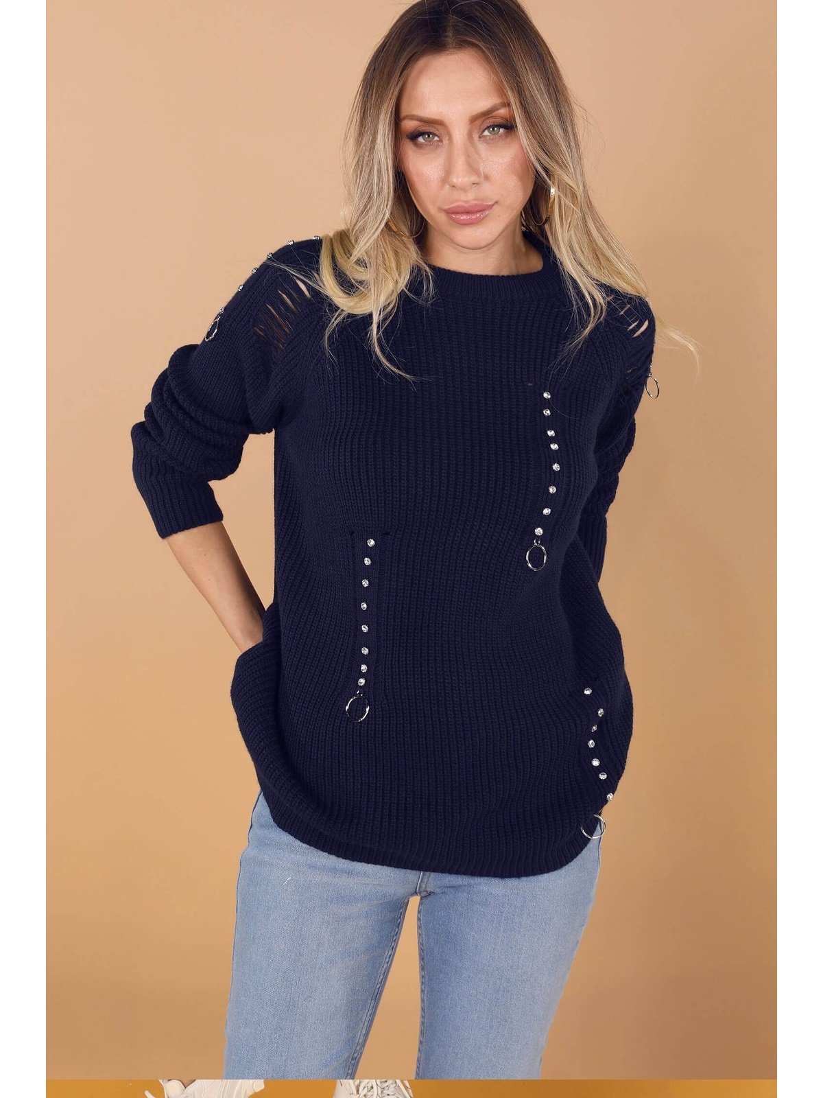 Navy Blue Stone Ripped Detail Sweater - Lebbse