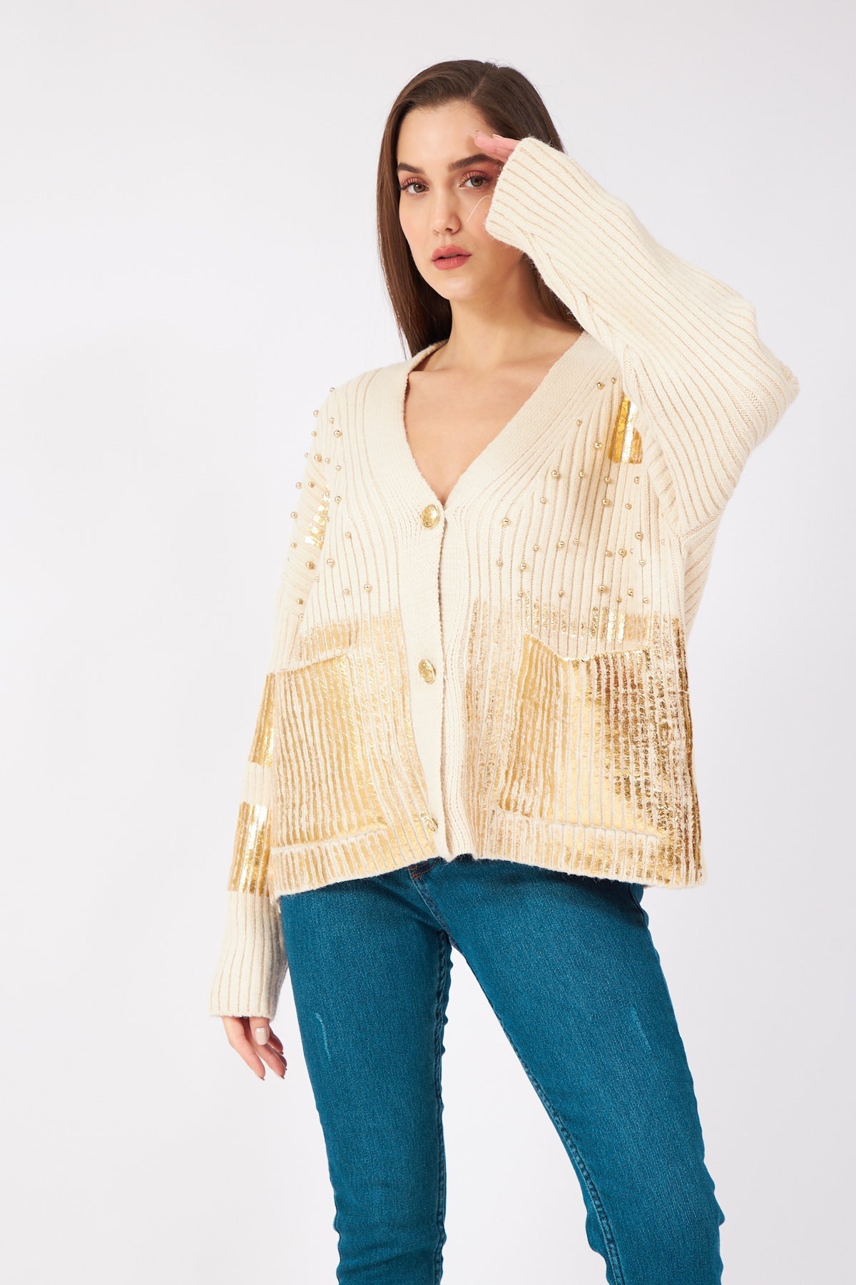 Off White With Gold Pearl Cardigan - Lebbse