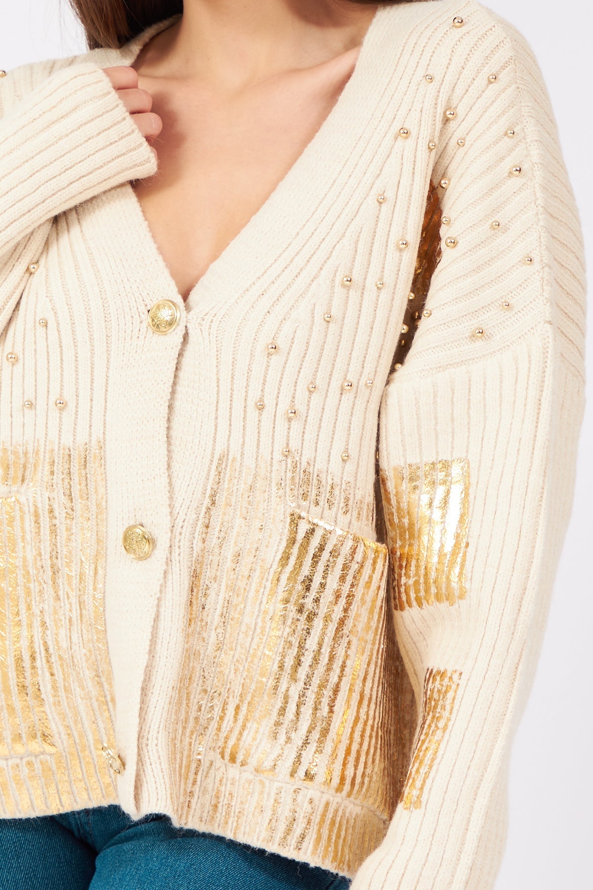 Off White With Gold Pearl Cardigan - Lebbse