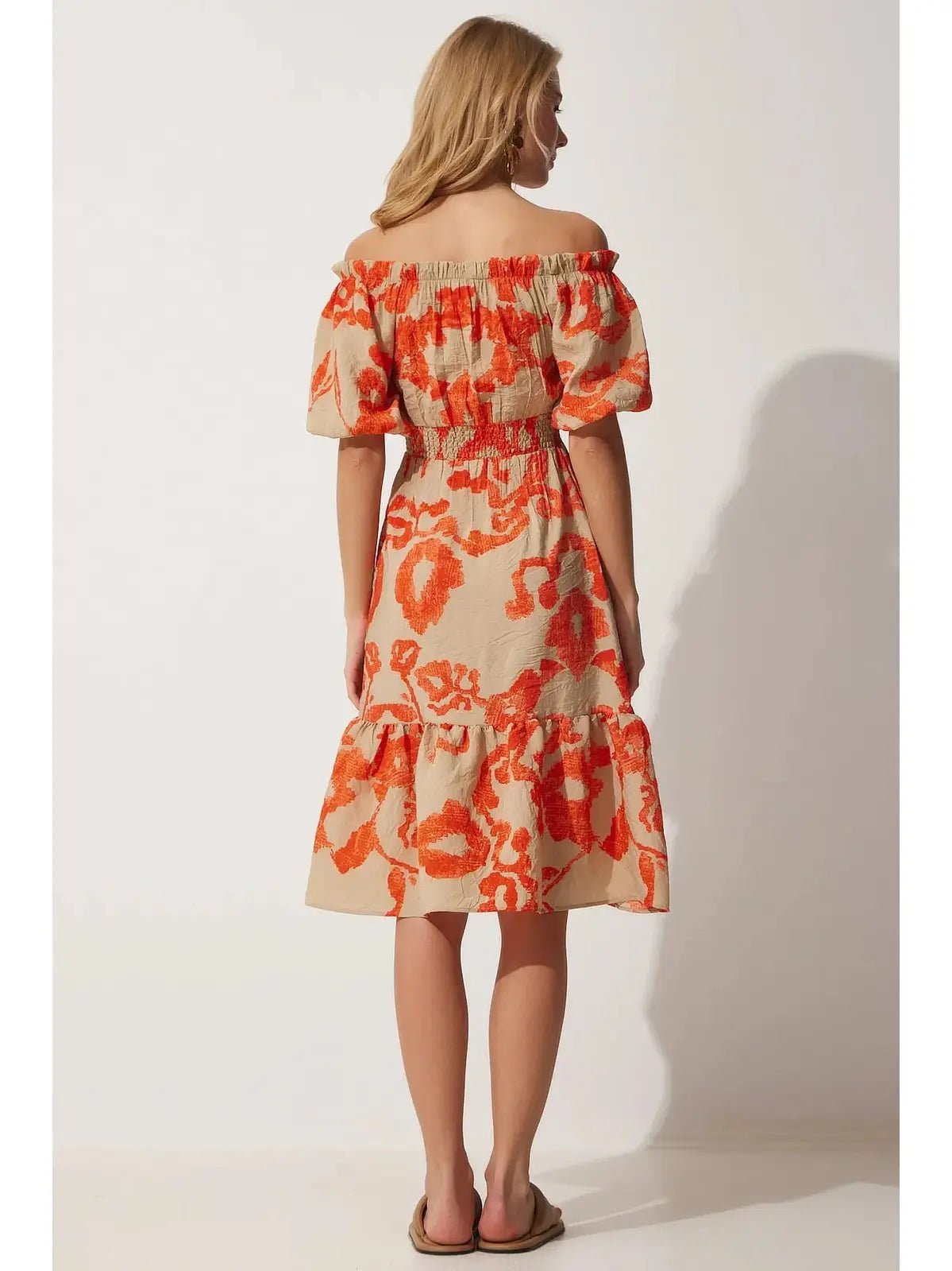 Orange Carmen Collar Summer Linen Viscose Dress - Lebbse
