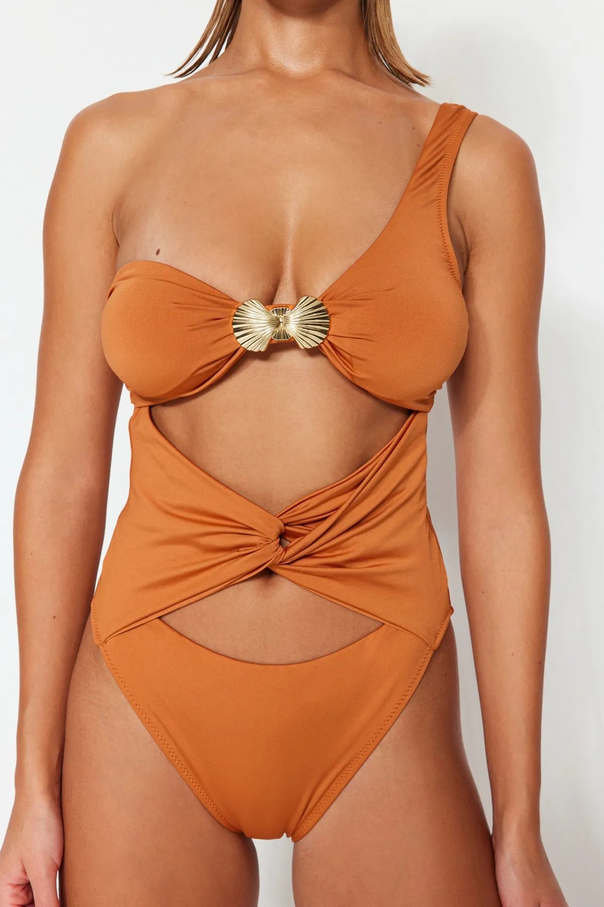 Orange One Shoulder Accessory Swimsuit - Lebbse