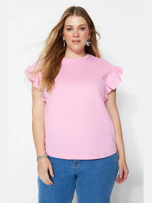 Pink Crew Neck Sleeves Frilly Knitted T-Shirt - Lebbse