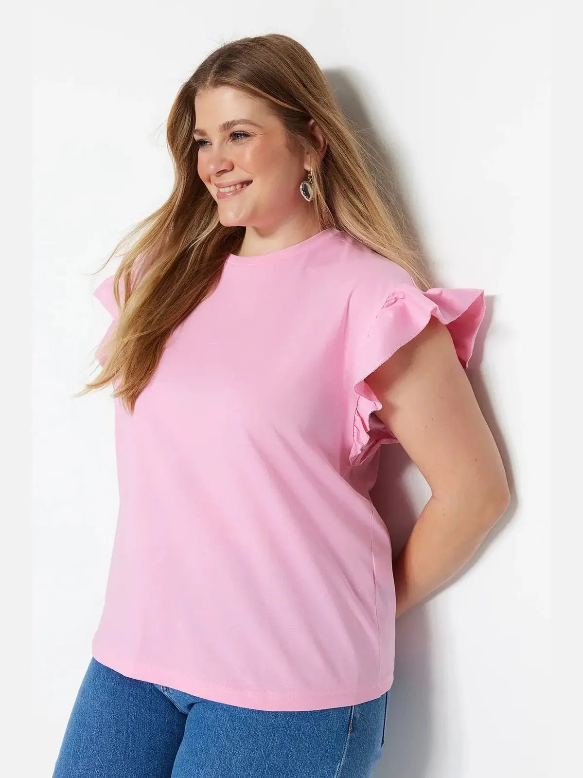 Pink Crew Neck Sleeves Frilly Knitted T-Shirt - Lebbse