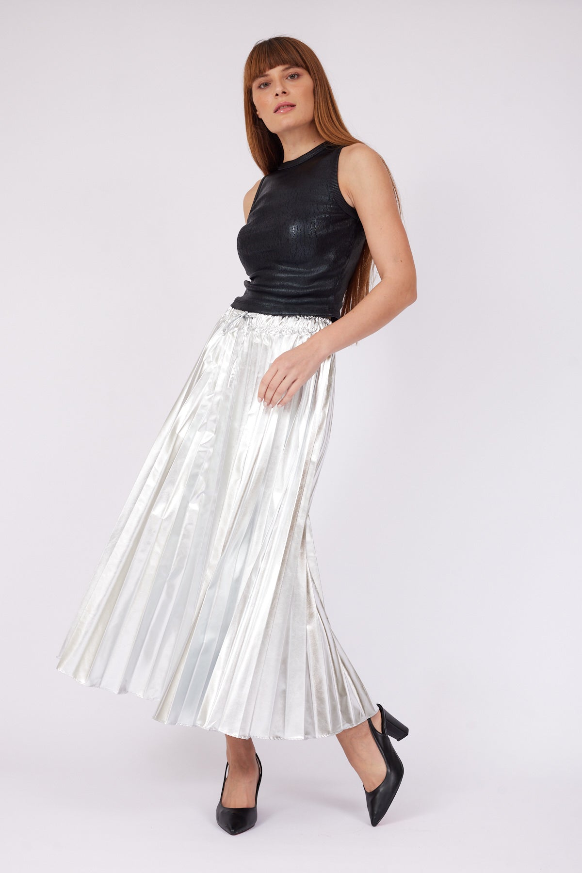 Pleated METALLIC SILVER LONG SKIRT - Lebbse