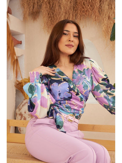 Purple Patterned Cross Tie Blouse - Lebbse