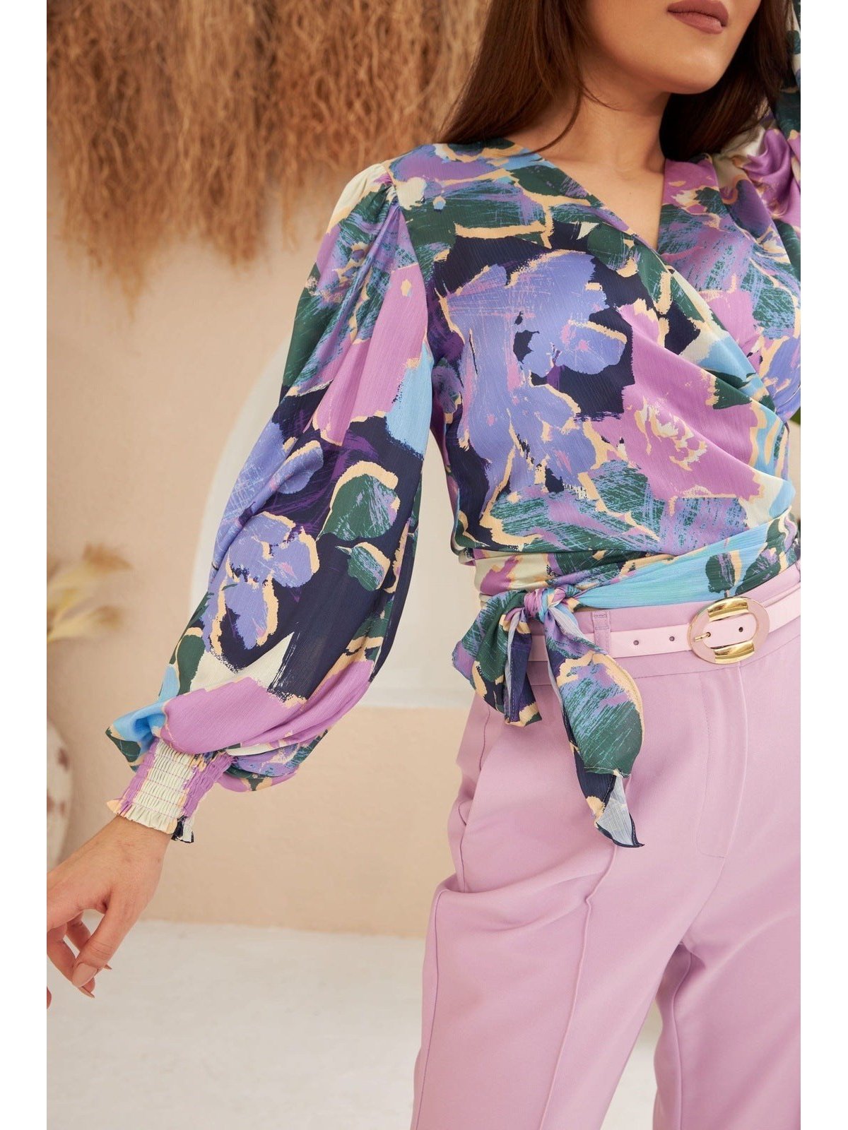 Purple Patterned Cross Tie Blouse - Lebbse
