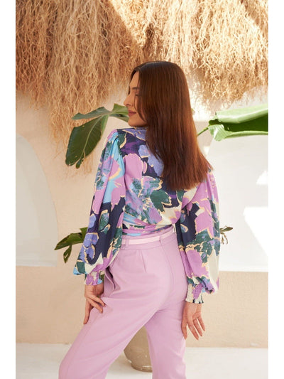 Purple Patterned Cross Tie Blouse - Lebbse