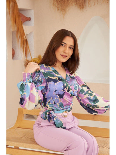Purple Patterned Cross Tie Blouse - Lebbse