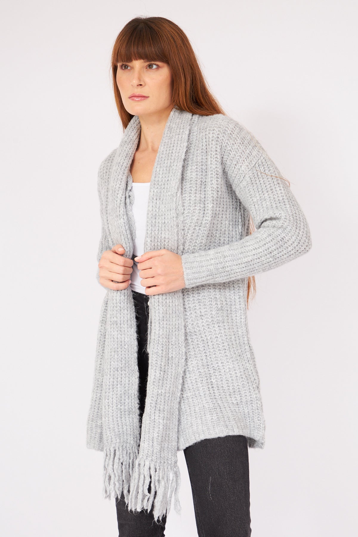 2- كارديجان صوف رمادي مع شال متصل - SHAWL COLLAR TIE KNIT CARDIGAN – GRAY