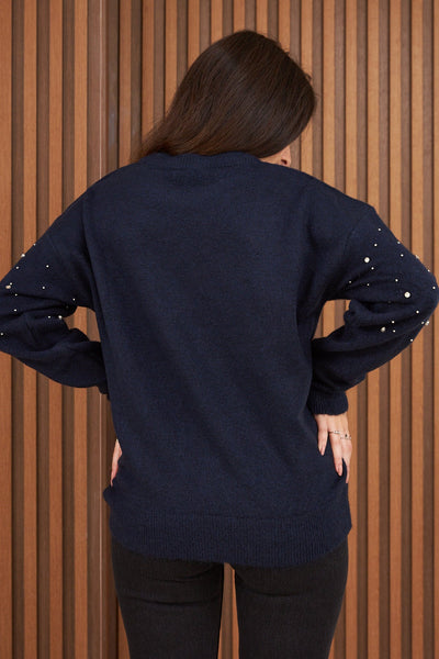 Sprinkled Stone Detailed Knitwear Navy Blue - Lebbse