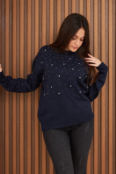 Sprinkled Stone Detailed Knitwear Navy Blue - Lebbse