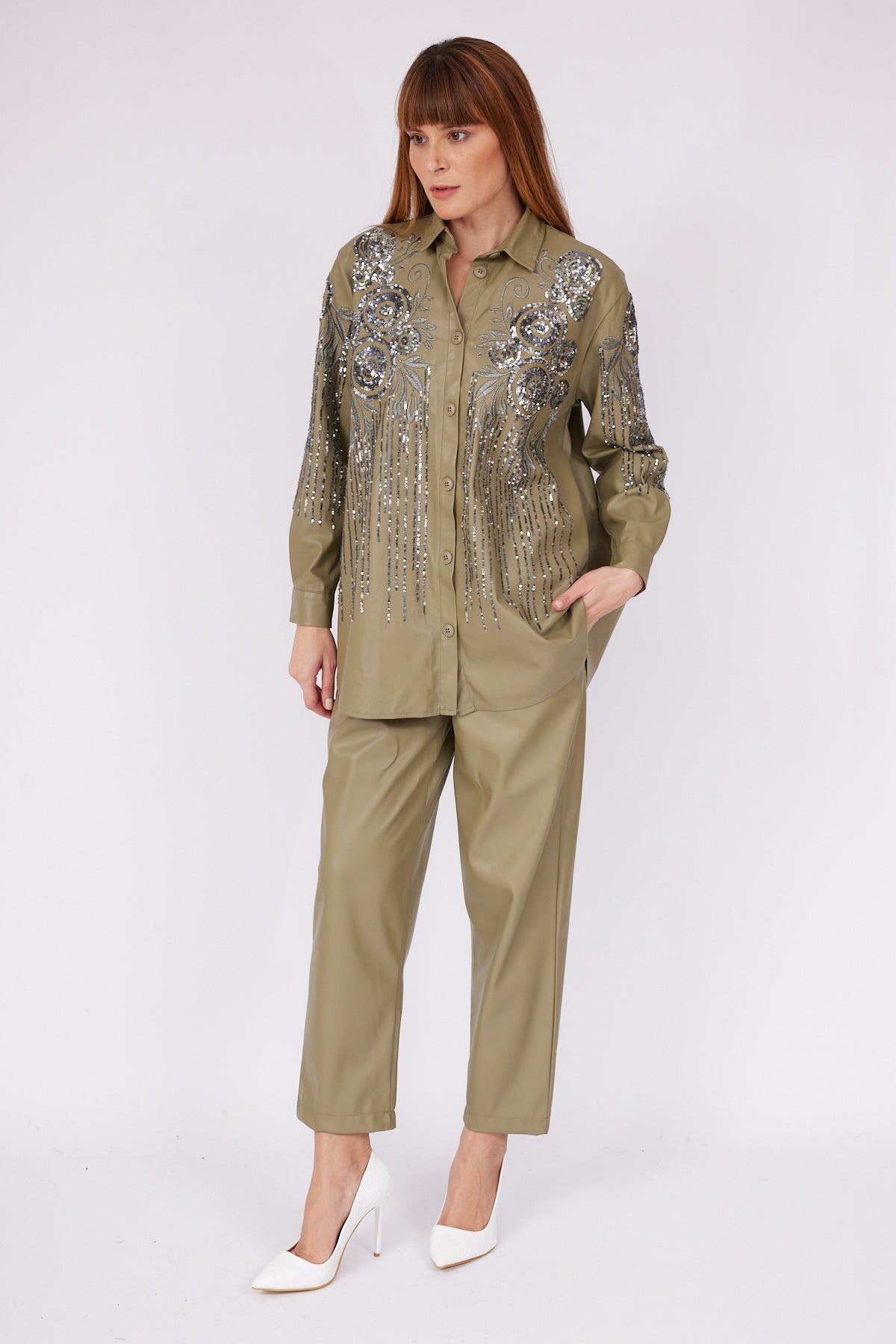 STAMP EMBROIDERY DETAIL LEATHER OVERSIZE SHIRT TROUSERS - Lebbse