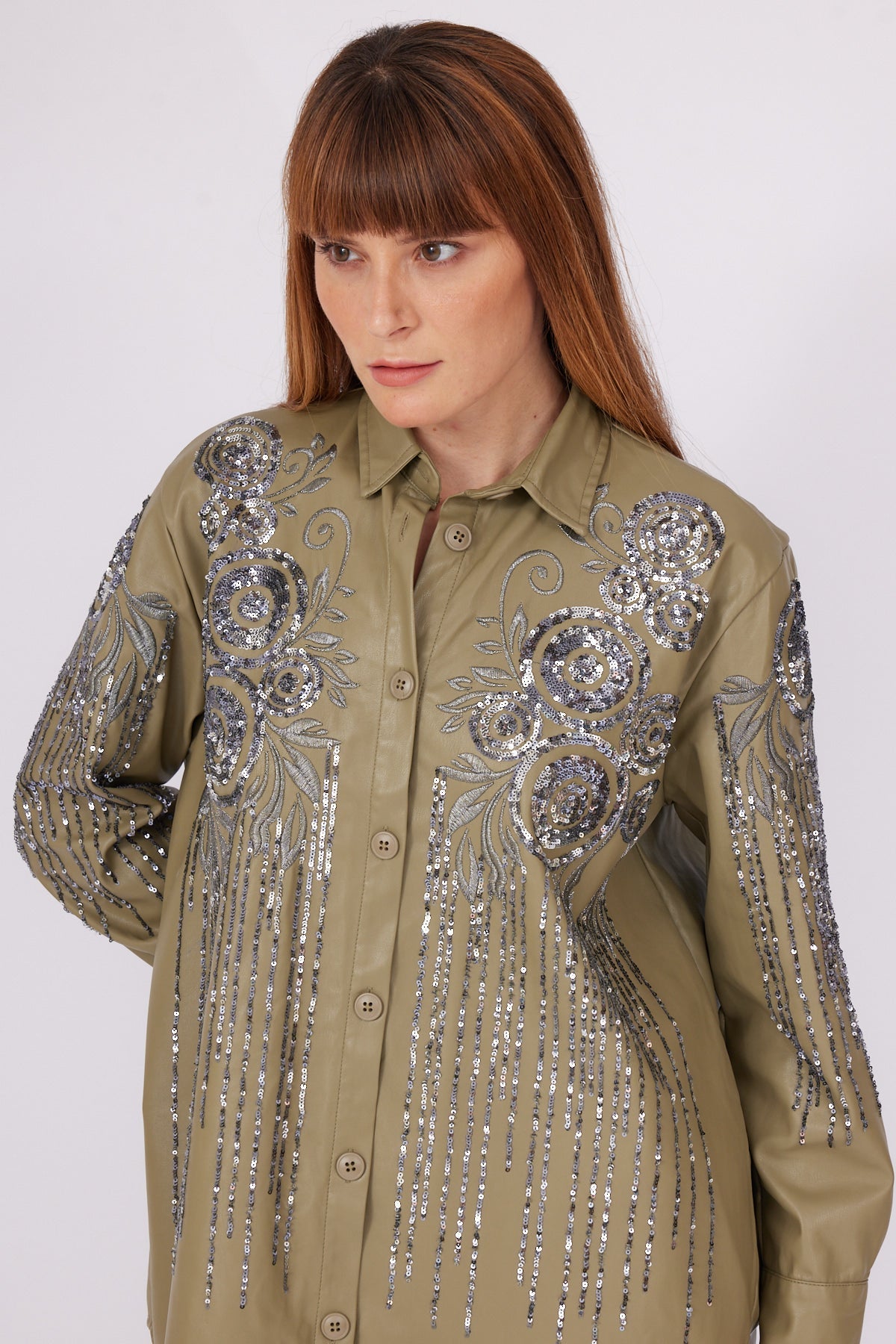 STAMP EMBROIDERY DETAIL LEATHER OVERSIZE SHIRT TROUSERS - Lebbse