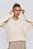 V-neck Women's Knit Knitwear Cream Sweater - Lebbse