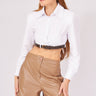 قميص نسائي قصير أبيض بأكمام طويلة وحزام - White Long Sleeve Belt Crop Shirt