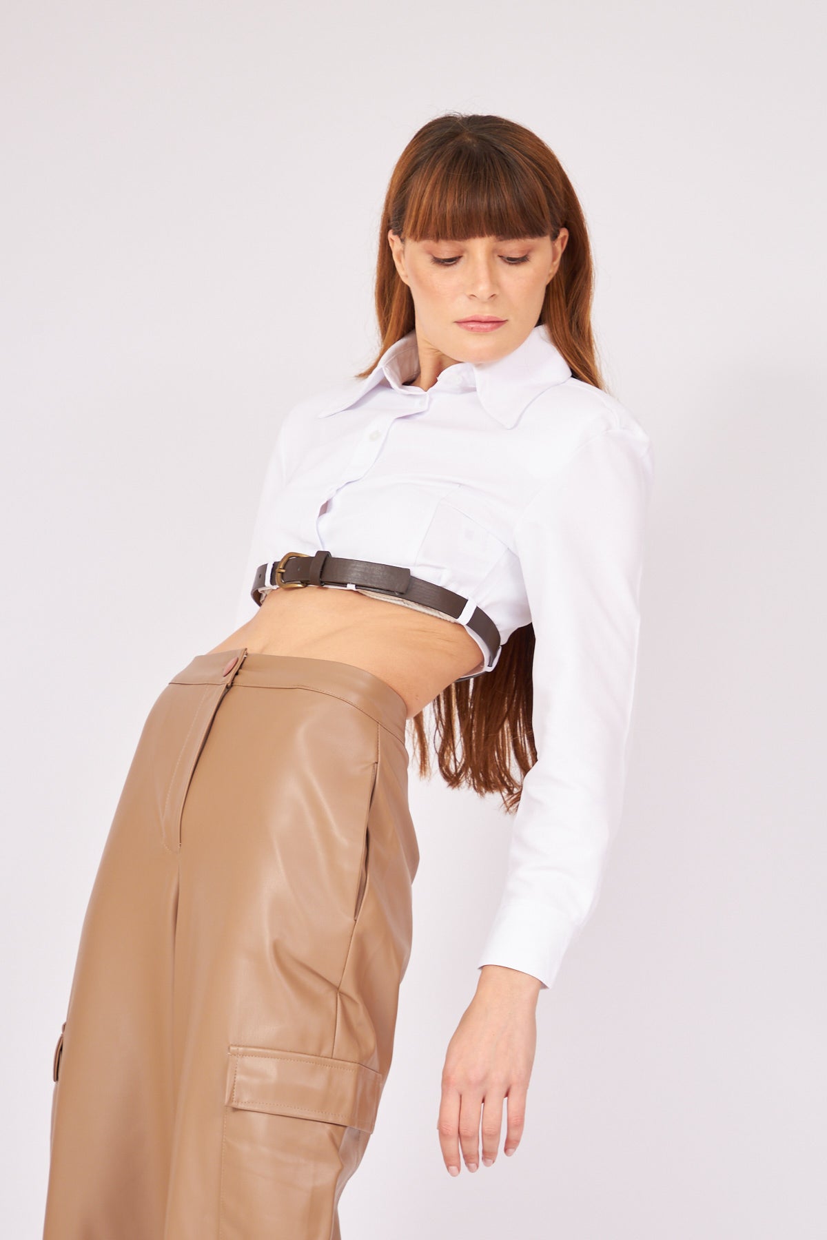White Long Sleeve Belt Crop Shirt - Lebbse