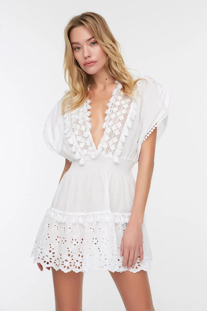 White Mini Woven Embroidered Beach Dress - Lebbse