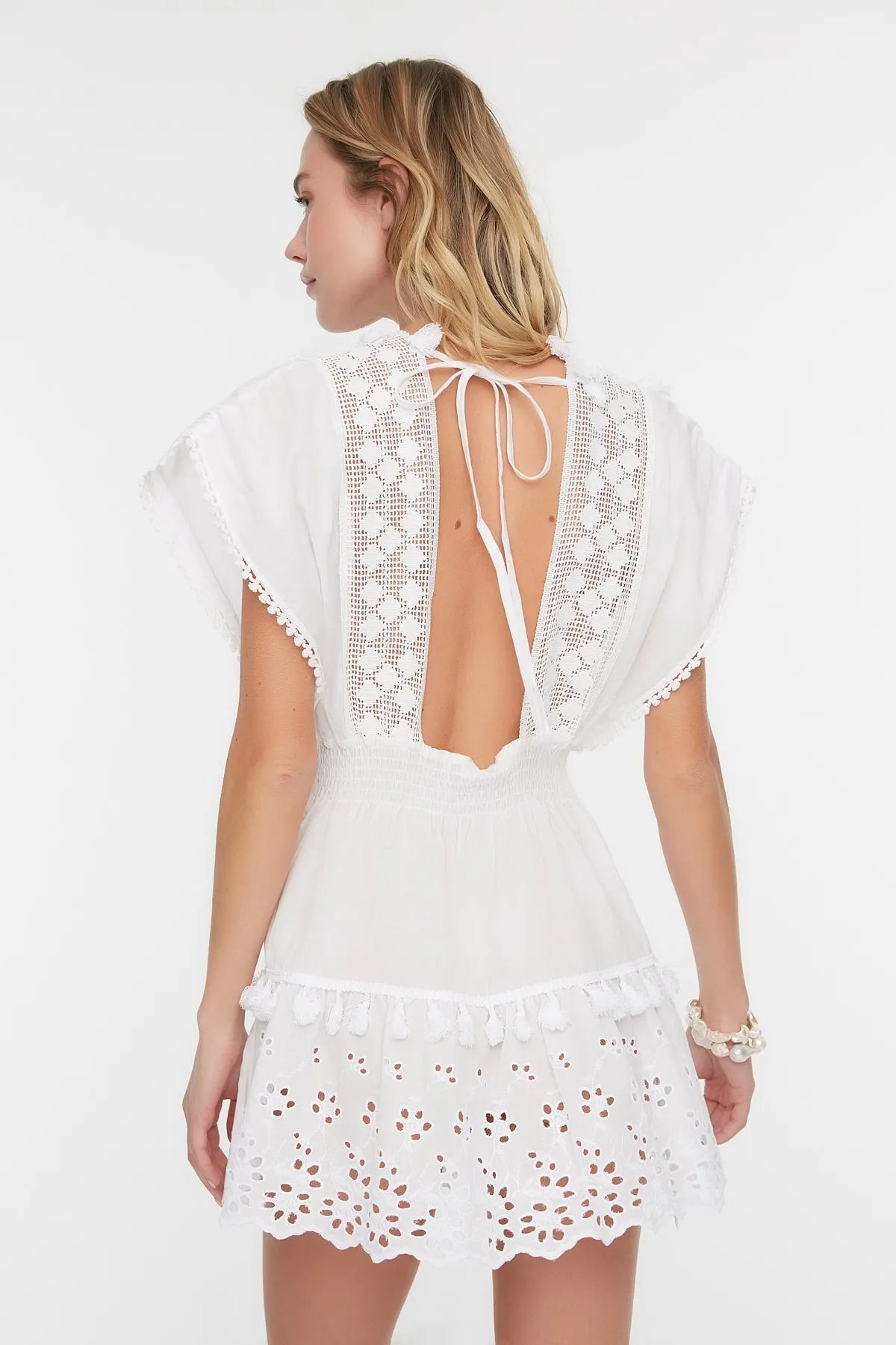 White Mini Woven Embroidered Beach Dress - Lebbse