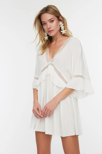 White Wide Pattern Mini Woven Stripe Accessorized Beach Dress - Lebbse