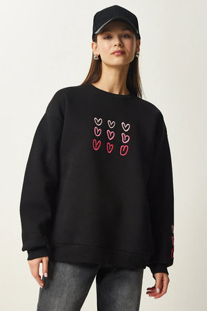 Women's Black Heart Embroidered Rose Gold Sweatshirt - Lebbse