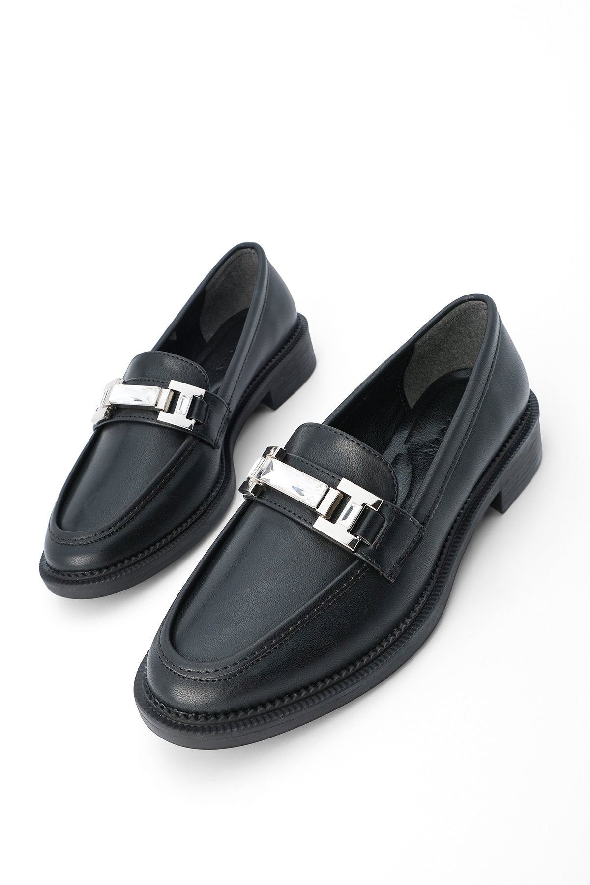 Women's Stone Buckle Loafer Casual Shoes Hosre - Black - Lebbse