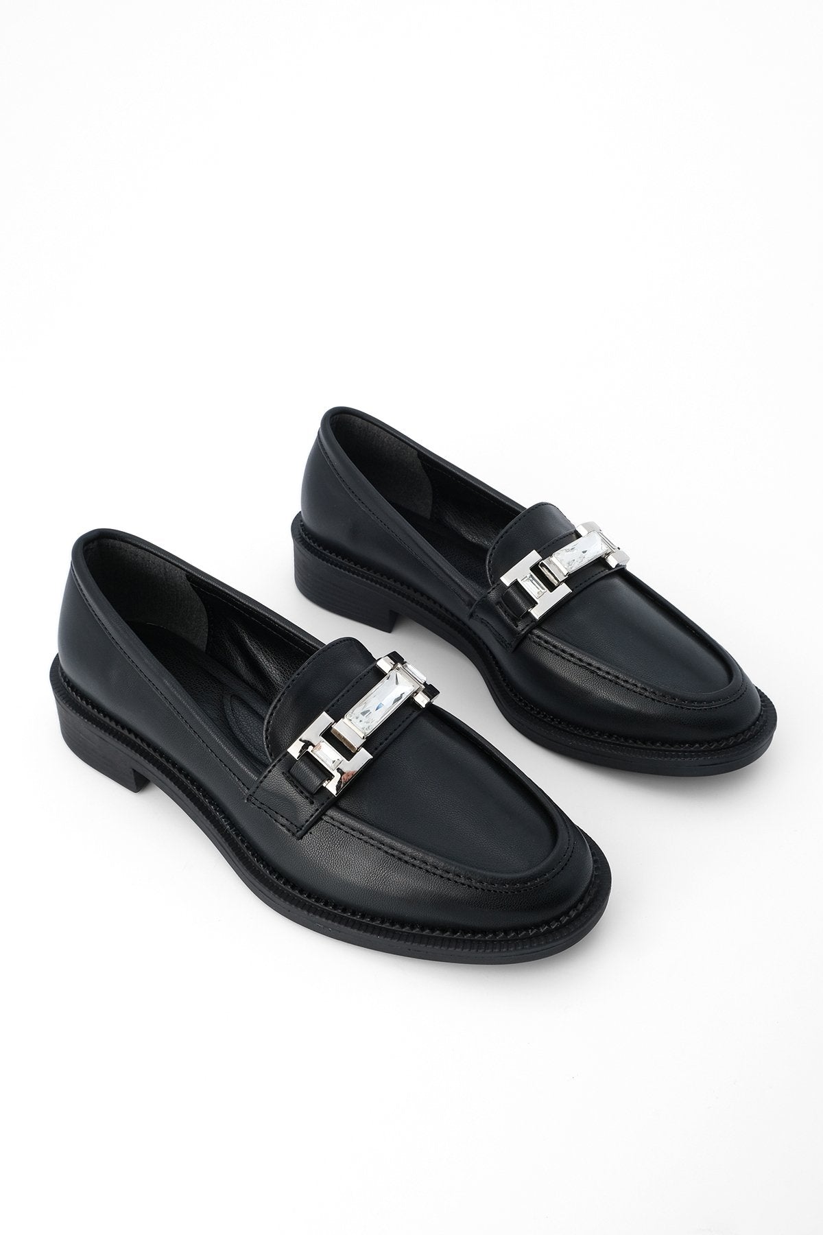 Women's Stone Buckle Loafer Casual Shoes Hosre - Black - Lebbse