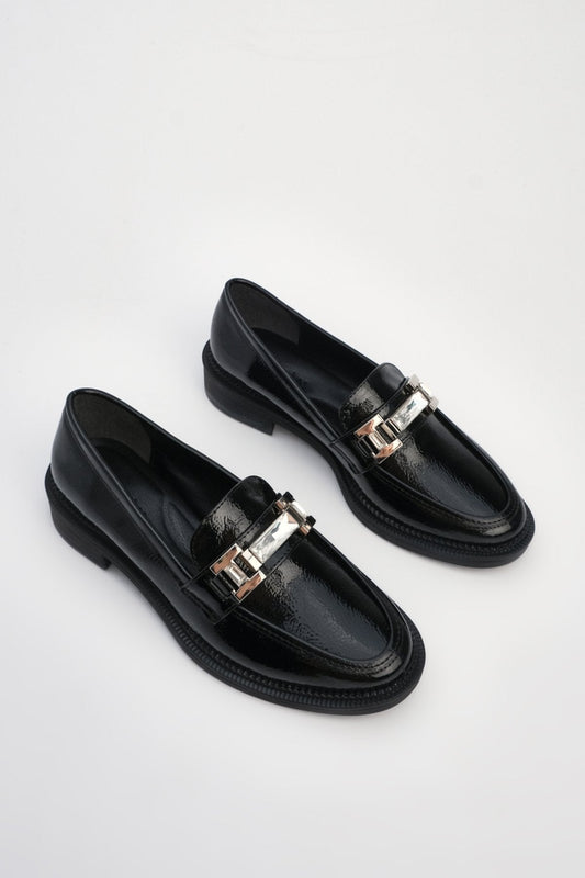 Women's Stone Buckle Loafer Casual Shoes Hosre - Black Patent Leather - Lebbse